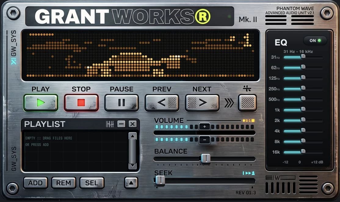 Working GW Player Mk. II interface with transport, playlist, volume, balance, seek, and ten-band EQ controls