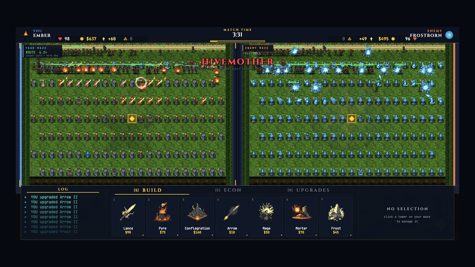 A live Maul Tactics match with dense opposing mazes, enemy waves, and fire-and-ice tower effects